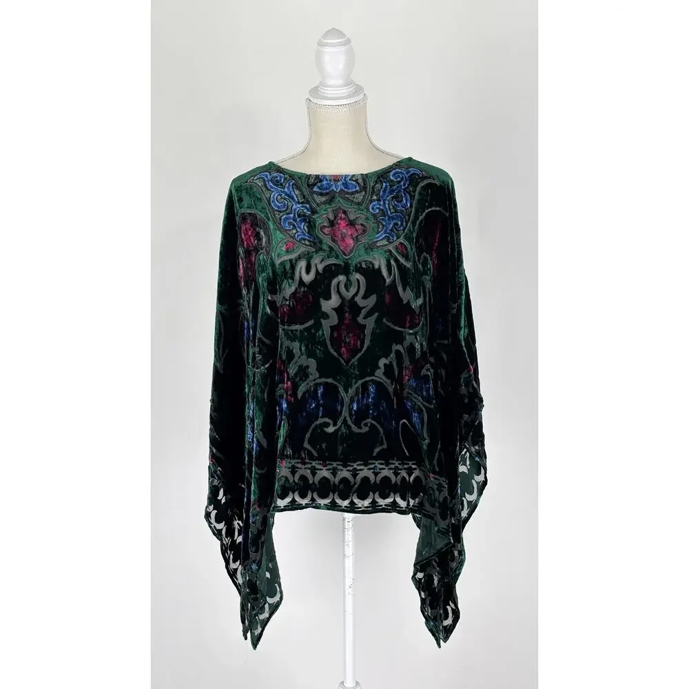 Chicos Silk Blend Velvet Burnout Poncho Womens Size Small / Medium New Green